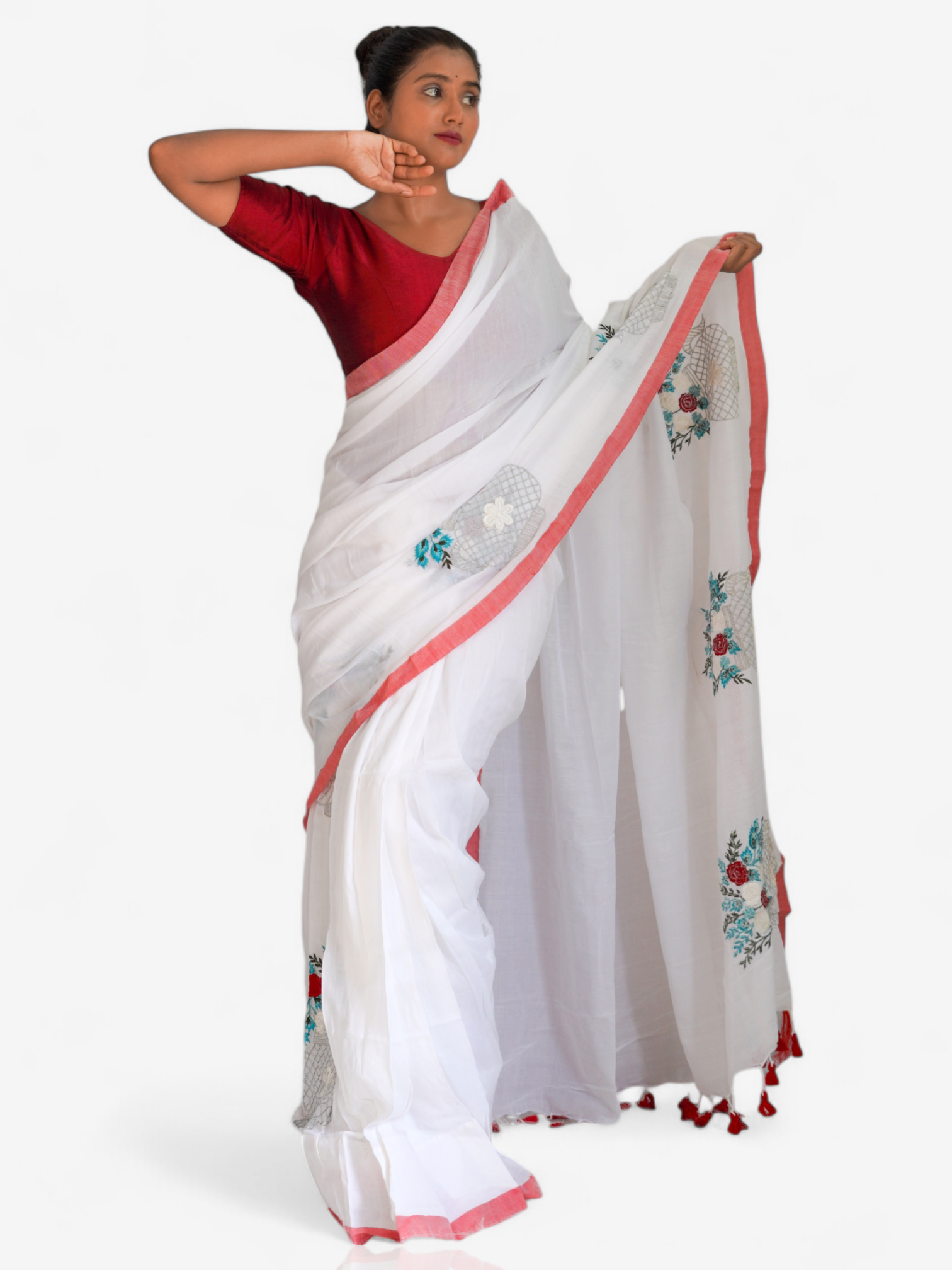 Thread Art Vase ā Ready-to-Wear Pocket Saree with Floral Embroidery - Kozylook